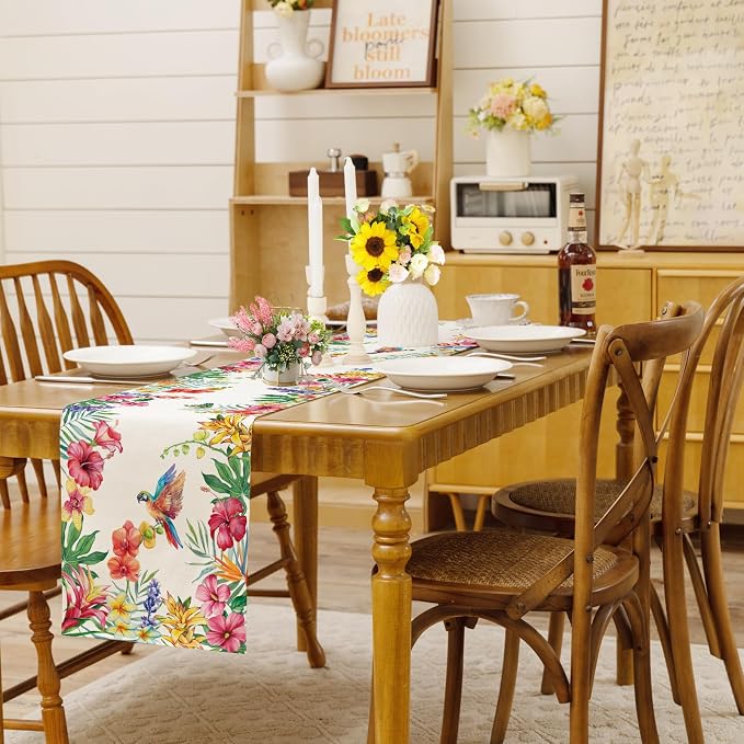 Summer Tropical Floral Table Runner Spring Butterfly Burlap Table Runners - Image 2