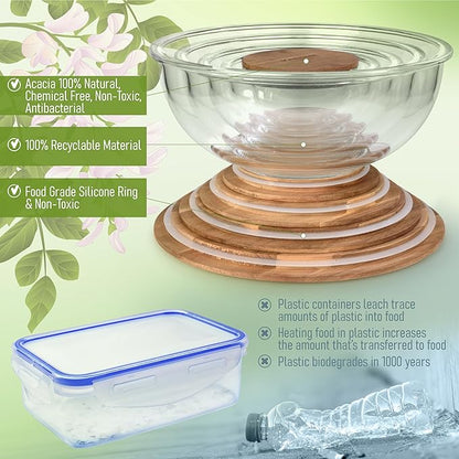 Set of 5 Nesting Glass Bowls with New Updated Acacia Lids for Foodprep, Storage, Mixing & Cooking - Microwave & Oven-ready BPA Free Durable Heat Resistant Inert Borosilicate Glass