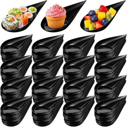 400 Pcs 4" Tear Drop Mini Appetizer Plates, Black Reusable Plastic Mini Appetizer Spoons Small Catering Cakes Tasting Cups Desserts Dishes Serving Plate, for Wedding, Buffet, Party Events