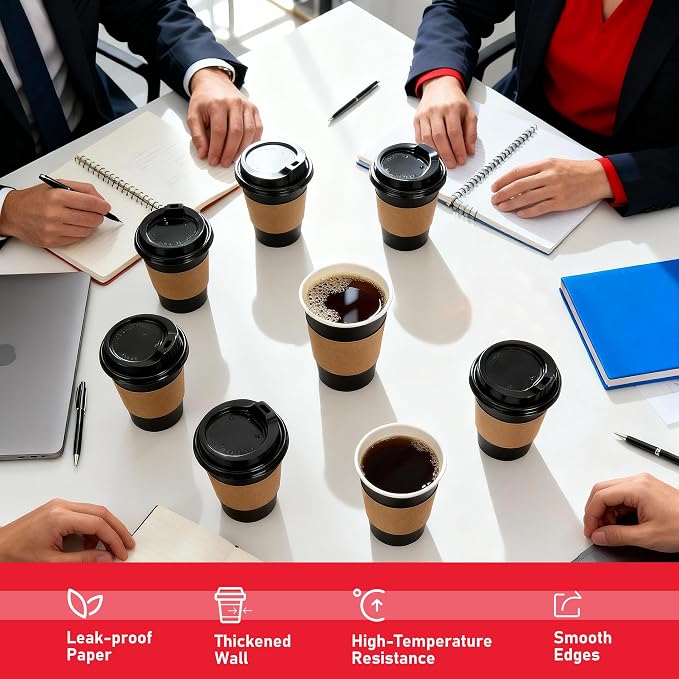 16 oz Paper Coffee Cups with Lids 50 Pack, Sleeves and Stirring Sticks - Image 3