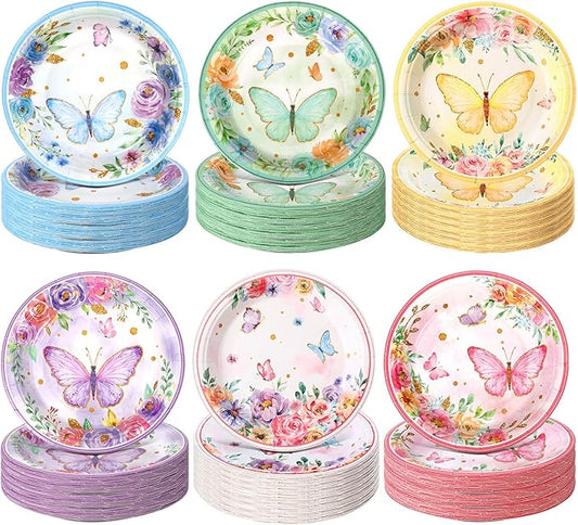 60 Pcs 7 Inch Butterfly Birthday Party Plates Floral Paper Plates Spring Butterfly Party Disposable Dinnerware Decoration for Baby Shower Bridal Wedding Supplies