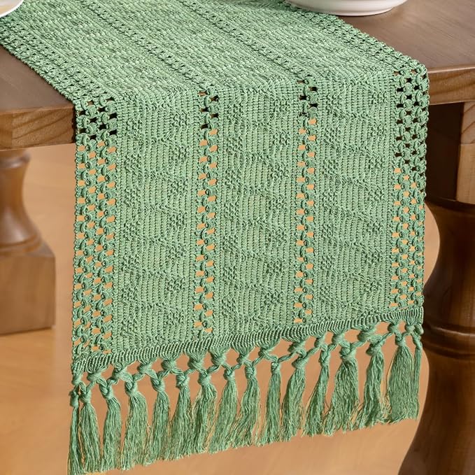 MLMW Boho Sage Green Table Runner Farmhouse Burlap Small Table Runner Dresser - Image 2