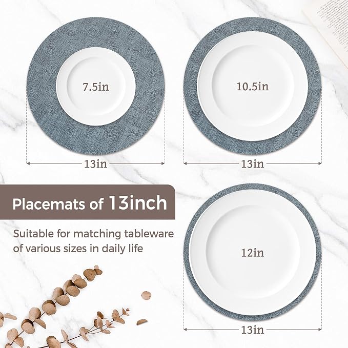 13" Round Placemats Set of 6, Reversible Faux Leather Heat Resistant Table Mats - Image 2