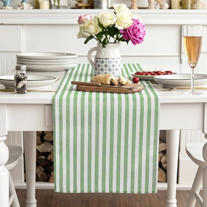 6 Pcs Green and White Stripe Table Runner 13 x 72 Inch | Linen Kitchen Dining - Image 5