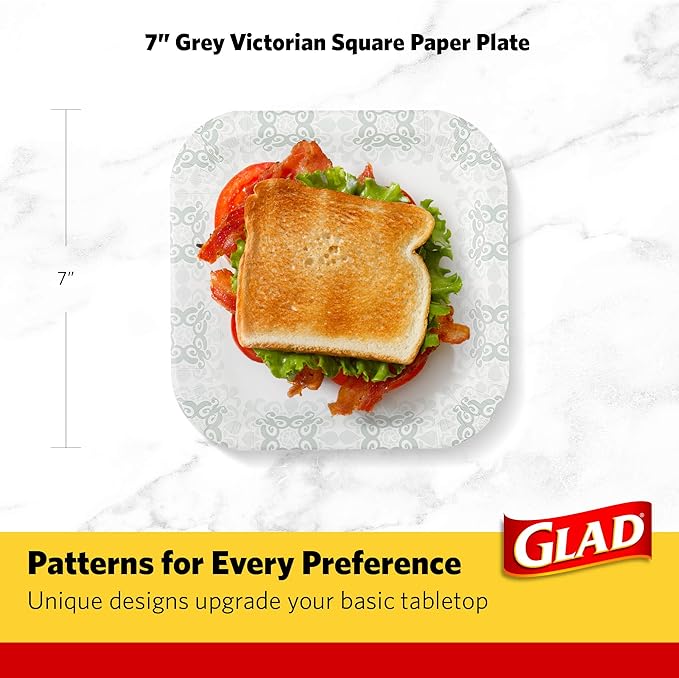 Glad Square Disposable Paper Plates, Grey Victorian Pattern - Strong, Sturdy, Soak Proof, and Microwavable Decorative Plates for Dinner and Everyday Use, 7 Inch, 50 Count