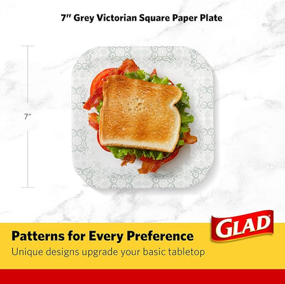 Glad Square Disposable Paper Plates, Grey Victorian Pattern - Strong, Sturdy, Soak Proof, and Microwavable Decorative Plates for Dinner and Everyday Use, 7 Inch, 50 Count
