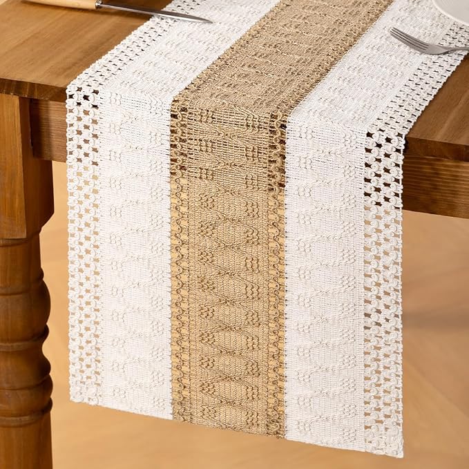 Ivory & Burlap Boho Table Runner Farmhouse Woven Table Runner 12x72 Inch | - Image 4