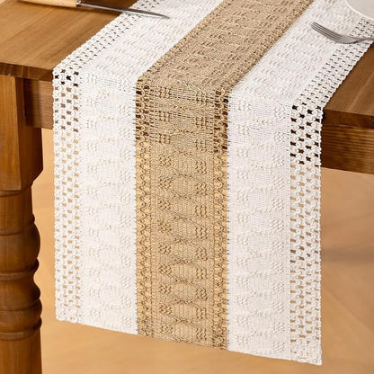 Ivory & Burlap Boho Table Runner Farmhouse Woven Table Runner 12x72 Inch | - Image 4