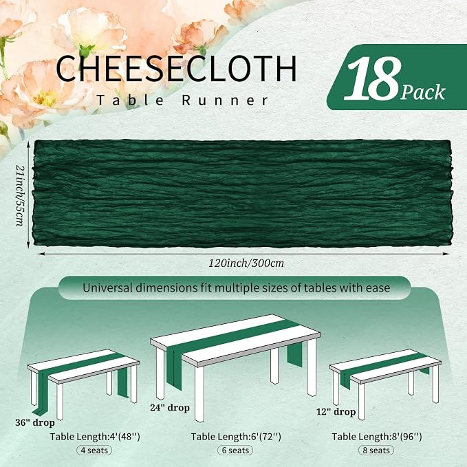 18 Pack Cheesecloth Table Runner 10FT Emerald Green Table Runner Boho Gauze - Image 2