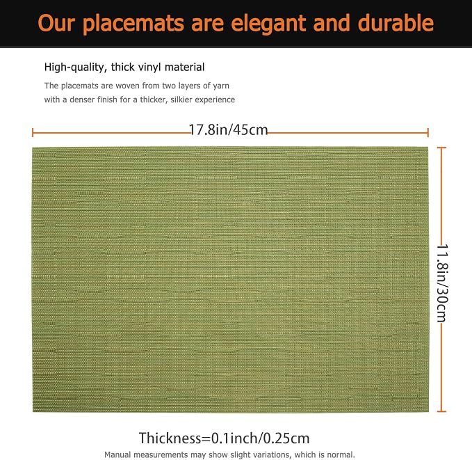 Green Vinyl Placemats Set of 8, Heat Resistant Table Placemats | 18x12 inch - Image 3