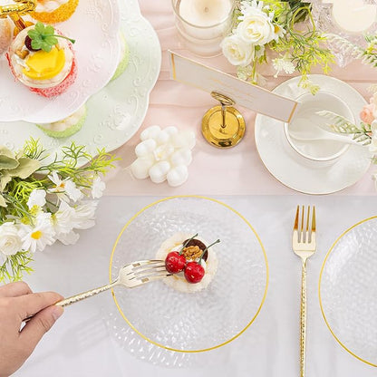 Rubtlamp 200 Pcs Clear Gold Dessert Plates 7" with Forks 7.6",Clear Plastic Hammered Platos, Dessert Plates Disposable, Heavy Duty Party Platos Include 100platos and 100forks for Party&Birthday