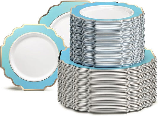 " OCCASIONS " 240 Plates Pack (120 Guests) Heavyweight Wedding Party Disposable Plastic Plates Set -120 x 10.5'' Dinner + 120 x 8'' Salad/Dessert Plate (Imperial Aqua/Gold)