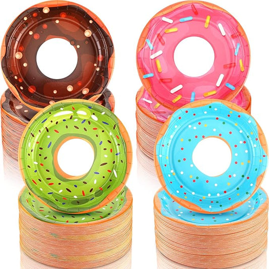 Huwena 200 Pcs Donut Paper Plates 7" Disposable Donut Party Plates Colorful Cute Serving Trays Snack Platter for Theme Birthday Assorted Designs Party Supplies