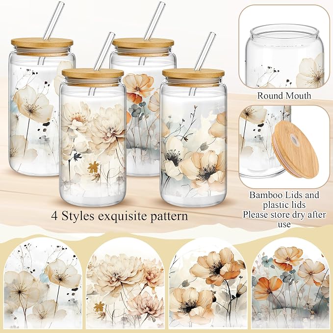 Mumufy 4 Pack Wildflower Glass Cups Gift Aesthetic Cute Glass Cup Tumbler - Image 3