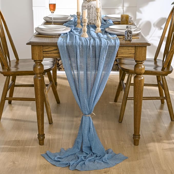 Artoid Mode Boho Cheesecloth Gauze Smoky Blue Wedding Table Runner, 120 Inch - Image 2