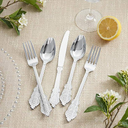 Silver Plastic Silverware Set Heavy Duty Vintage 120Guests Wedding | Embossed - Image 8
