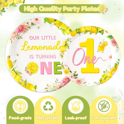 96Pcs Lemon 1st Party Plates Supplies Pink Yellow Our Little Lemonade Is - Image 3