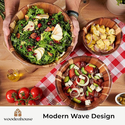 Woodenhouse Wooden Salad Bowl Set, Salad Bowls Set of 3 - Wavy Design Salad Bowl Set for Serving, Handmade, Durable and Stylish Natural Wood Dining Accessory