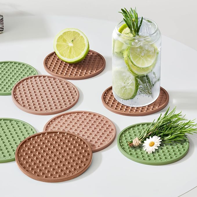 Coasters for Drinks, Silicone Coasters Set of 6 with Metal Holder, Outdoor Coaster for Coffee Table, Non-Slip Rubber Table Cup Mat Desk, Heat Resistant & Scratch-Proof (Green)