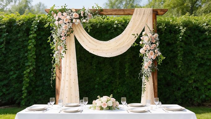 Pearl Table Runner Gauze Sheer 19FT Wedding Draping Fabric Decor | Beige Summer - Image 2