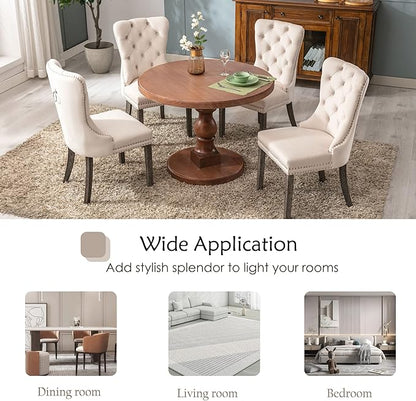 KCC Velvet Dining Chairs Set of 2, Upholstered High-end Tufted Dining Room Chair with Nailhead Back Ring Pull Trim Solid Wood Legs, Nikki Collection Modern Style for Kitchen, Beige
