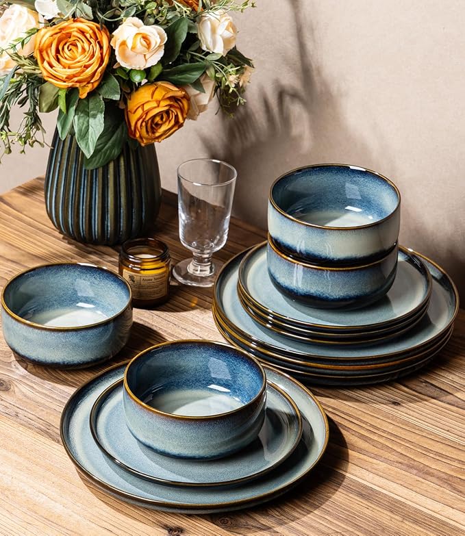 Ceramic Dinnerware Set for 4, 12-Piece Plates and Bowls Set | Handmade Reactive - Image 4
