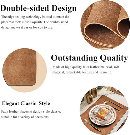 Cowhide Pattern PU Leather Placemats Set of 6 Heat Resistant Kitchen Table Mats, Non-Slip Dining Table Decorations, Double-Sides Waterproof Wipeable Place mats(Camel)
