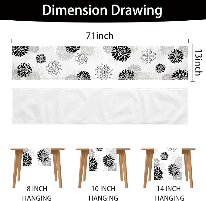Dahlia Flower Table Runner 13x71 Inch Farmhouse Black Gray Runners Modern Table - Image 7