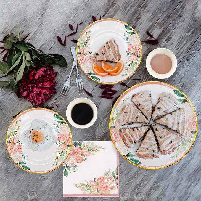 Floral Party Supplies paper plates and Napkins Sets for 24 Guest-Include Floral Disposable Paper Plates,Cups,Napkin forr Bridal Shower,Birthday,Wedding,Bachelorette party Supplies