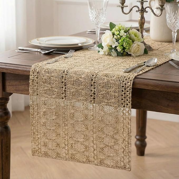 Burlap Boho Table Runner Macrame Brown 72in Farmhouse Woven Runner | Burlap by Xiomot