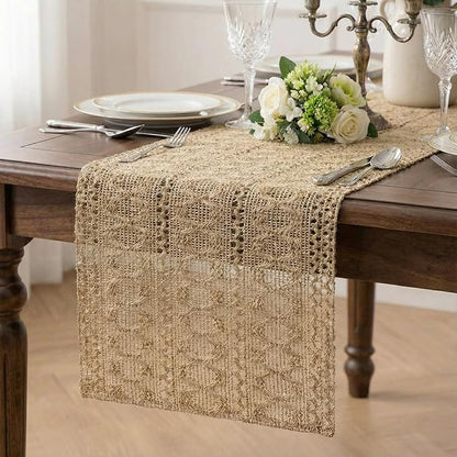 Burlap Boho Table Runner Macrame Brown 72in Farmhouse Woven Runner | Burlap by Xiomot