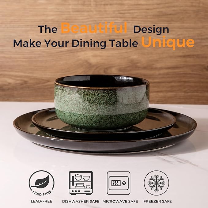 LERATIO Ceramic Dinner Plates Set of 6, 10.5 Inch Reactive Glaze Porcelain Plates, Modern Shape Dinnerware Dishes Set for Kitchen,Microwave&Dishwasher&Oven Safe, Scratch Resistant-Green