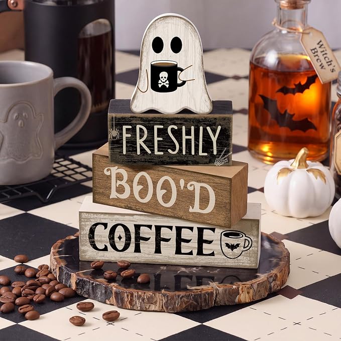 Moucuny 4 Pcs Halloween Coffee Table Decorations Cute Ghost Stacked Wooden Decor - Image 2