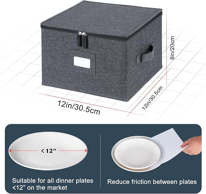 popoly China Storage Containers Hard Shell Inside 12" W x 8" H, Dinner Plate Storage Containers for Dishes, Dinnerware with 24 Felt Dividers, Hold 24 Plates, Stackable (2 Pack Grey)