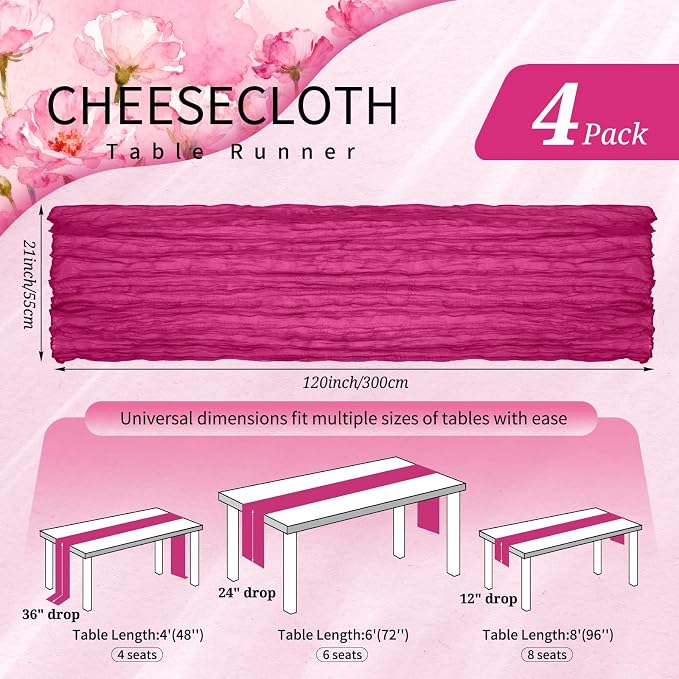 4 Pack Cheesecloth Table Runner 10FT Fuschia Table Runner Boho Gauze Cheese - Image 2
