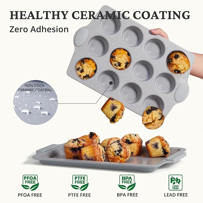 BRONYPRO 12-Cup Non Toxic Nonstick Ceramic Muffin Pan & Cupcake Tin, PFOA & - Image 2