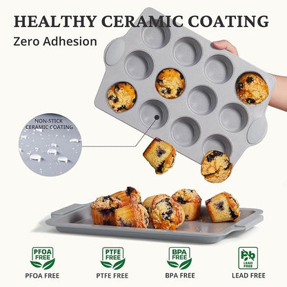 BRONYPRO 12-Cup Non Toxic Nonstick Ceramic Muffin Pan & Cupcake Tin, PFOA & - Image 2