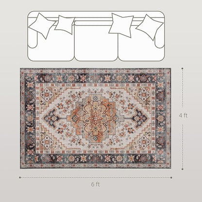 HOMCOM Washable Area Rug, 4'x6' Vintage Indoor Distressed Carpet, Retro Floor Cover Foldable, Floral Print Mat for Living Room, Bedroom, Dining Room, Tawny Brown