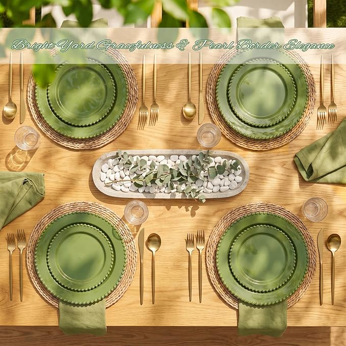 U-QE 60PCS Olive Green Plastic Plates, Beaded Plates Disposable Heavy Duty | - Image 2
