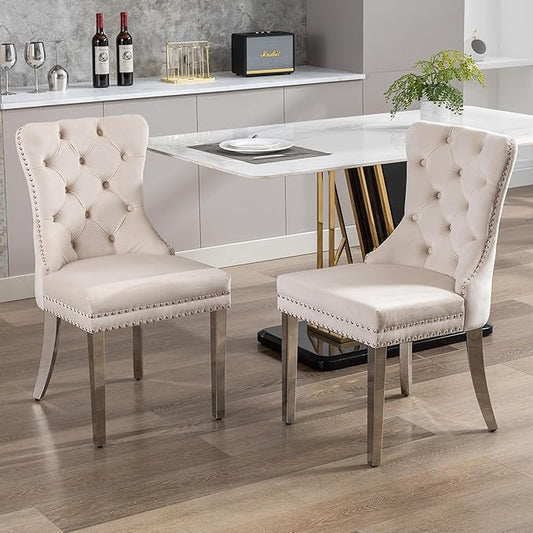 KCC Velvet Dining Chairs Set of 2, Upholstered High-end Tufted Dining Room Chair with Nailhead Back Ring Pull Trim Stainless Steel Legs, Contemporary Nikki Collection Modern Style for Kitchen, Beige