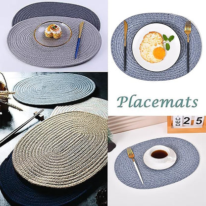 6 Pack Oval Woven Placemats, 12x16 inches Mix Rainbow Oval Plate Charger Cotton Heat Resistant Non-Slip Weave Place Mats Farmhouse Straw Braided Rattan Tablemats Wicker Placemats for Dining