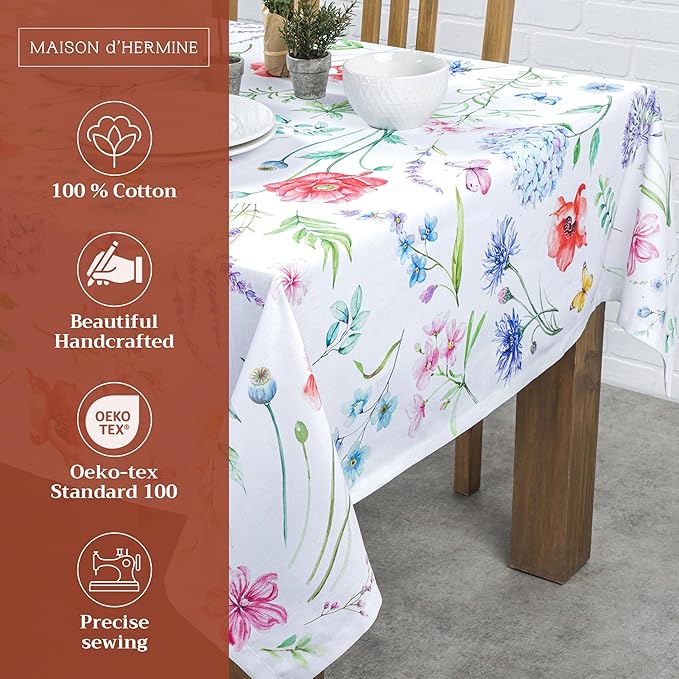 Maison d' Hermine Table Cloth Rectangle Table 100% Cotton 70 x 108 Inches Tablecloth Reusable Decorative for Dining Room Farmhouse Home Valentines Day Decorations Spring Summer - Just Floral