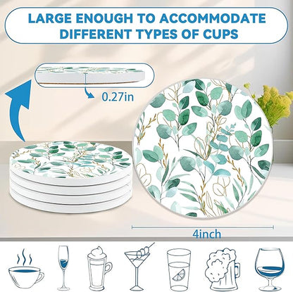 Drinks Coasters Set of 4, Sage Green Plants Round 4" Cup Coasters, Absorbent Ceramic Stone Coasters with Cork Base, Cute Coasters for Table Home Décor, Ideal Gifts for Women Men