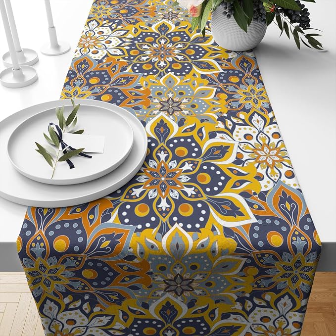 YCness Mandala Floral Table Runner, Retro Colorful Hippie Flowers Boho Table by YCness