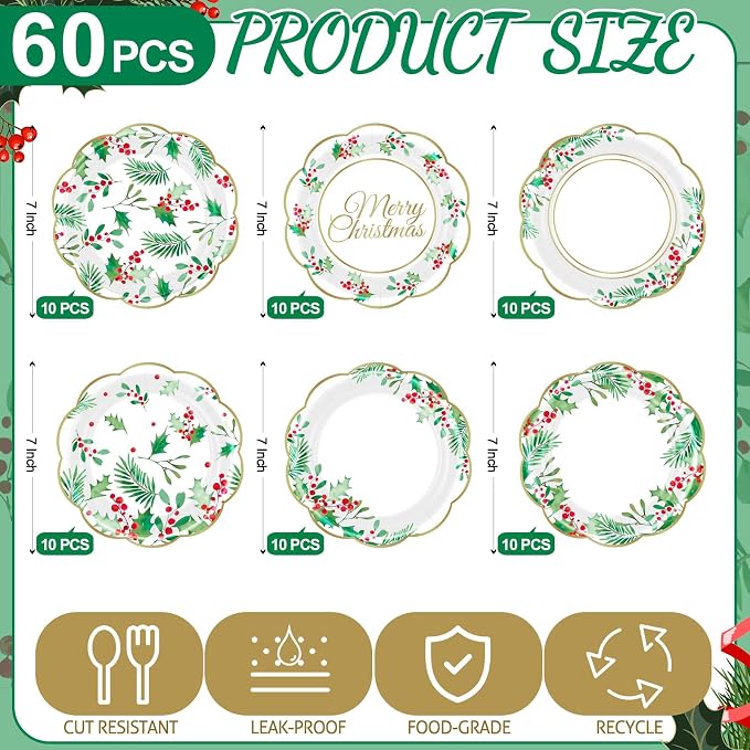 Gerrii 60 Pcs Christmas Party Plates 7 Inch Holly Berries Disposable Paper - Image 3