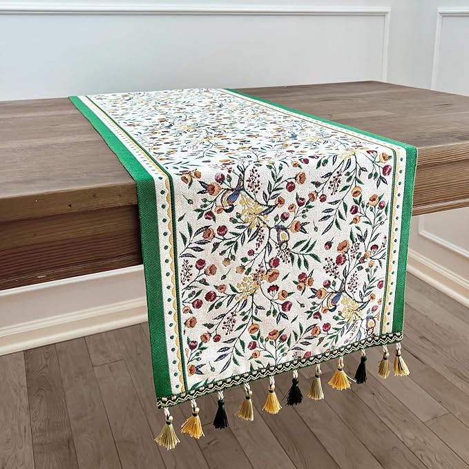Floral Table Runner with Tassel Edges, Cotton Blend Decorative Runner by QGENUINE