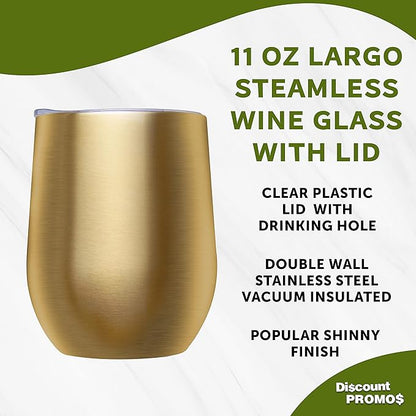 DISCOUNT PROMOS Stemless Wine Glass Tumblers with Lids by Largo 11 oz. Set of 6, Bulk Pack - Perfect for Wine, Cocktails, Other Hot & Cold Beverages - Gold