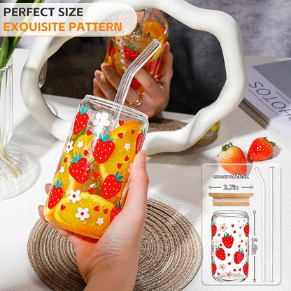 Glass Cups with Lids and Straws with Design Strawberry 4 pcs, Glass Tumbler - Image 2