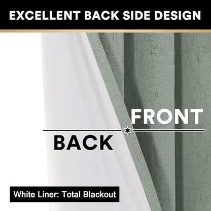 PrinceDeco Blackout Curtains for Bedroom 96 Inches Long Linen Look Curtains for Living Room Black Out Curtains Room Darkening Thermal Curtains with White Liner Backing for Nursery Decor,Green Bay