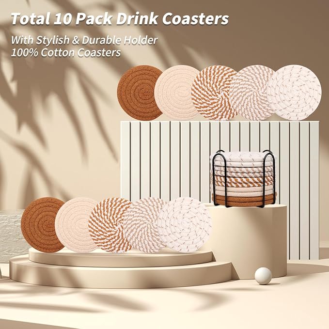 10 Pcs Drink Coasters with Holder, 5 Colors Absorbent Coasters - Image 2